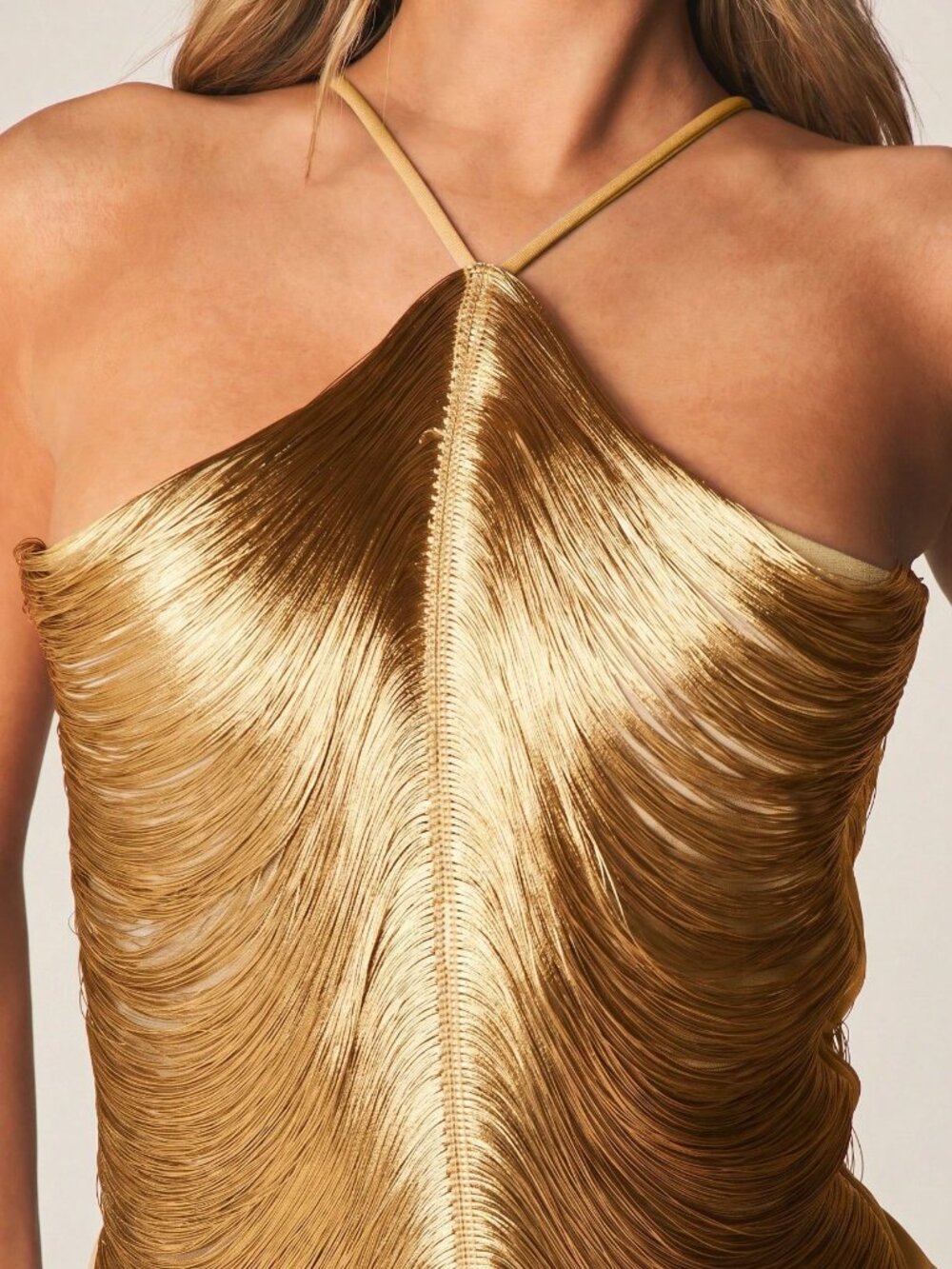 Gold Metallic Fringe Women's Mini Dress with Halter Neck - Picture 5 of 6